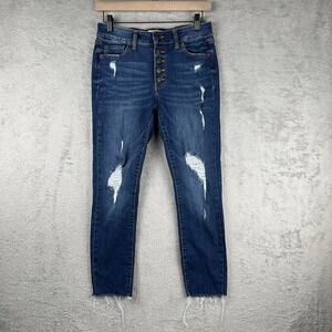 SO Mid-Rise Crop Jeans Women's Size 7 Dark Blue Distressed Exposed Button Fly